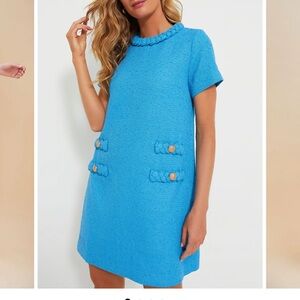 Tuckernuck Jackie Blue Boucle Short Sleeve Dress with Gold Button Accents-NWTO